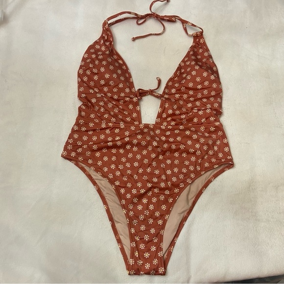 New! Victoria's Secret Swim Brown Daisy Plunge One Piece Swimsuit 3872 - Picture 2 of 8